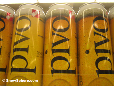 cans of pivo beer on slovenian supermarket shelf